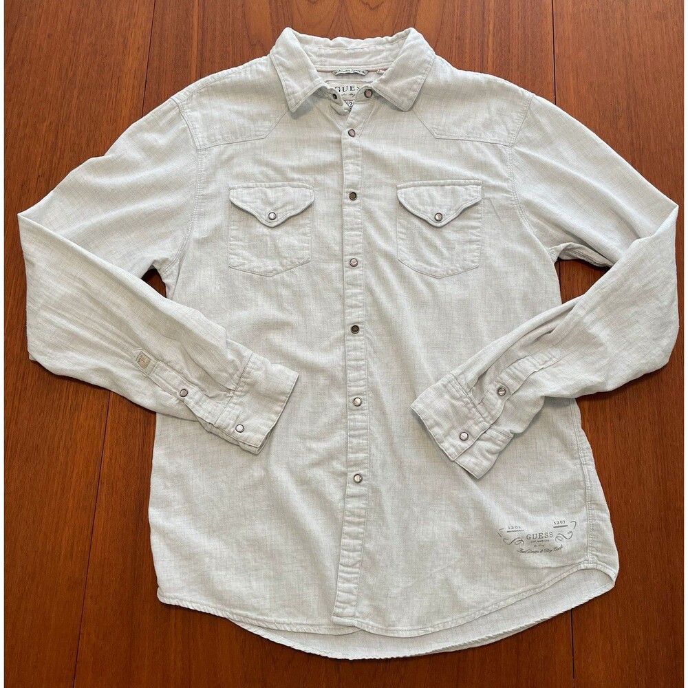 GUESS Mens M Western Snap Button Blue Long Sleeve Yoke Pockets Cowboy Shirt